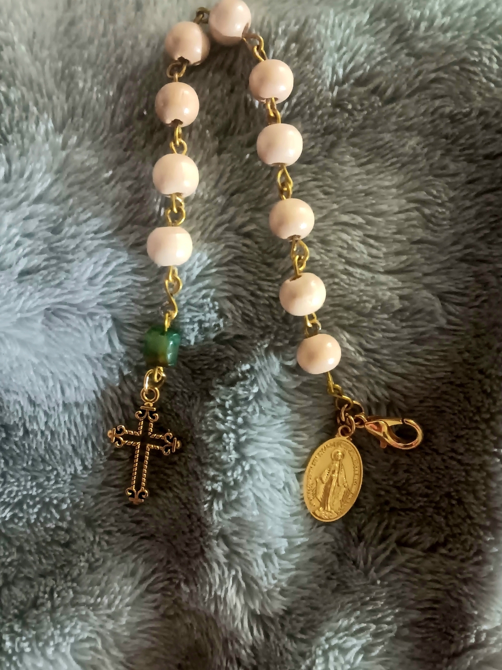 Gold-Tone Wood Bead Pocket Rosary Charm with Turquoise Green Accent